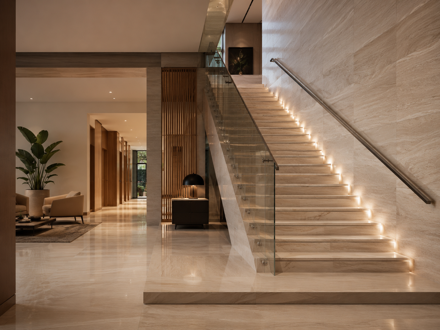 Aplicación ilustrativa de lobby institucional con escaleras en mármol y granito.