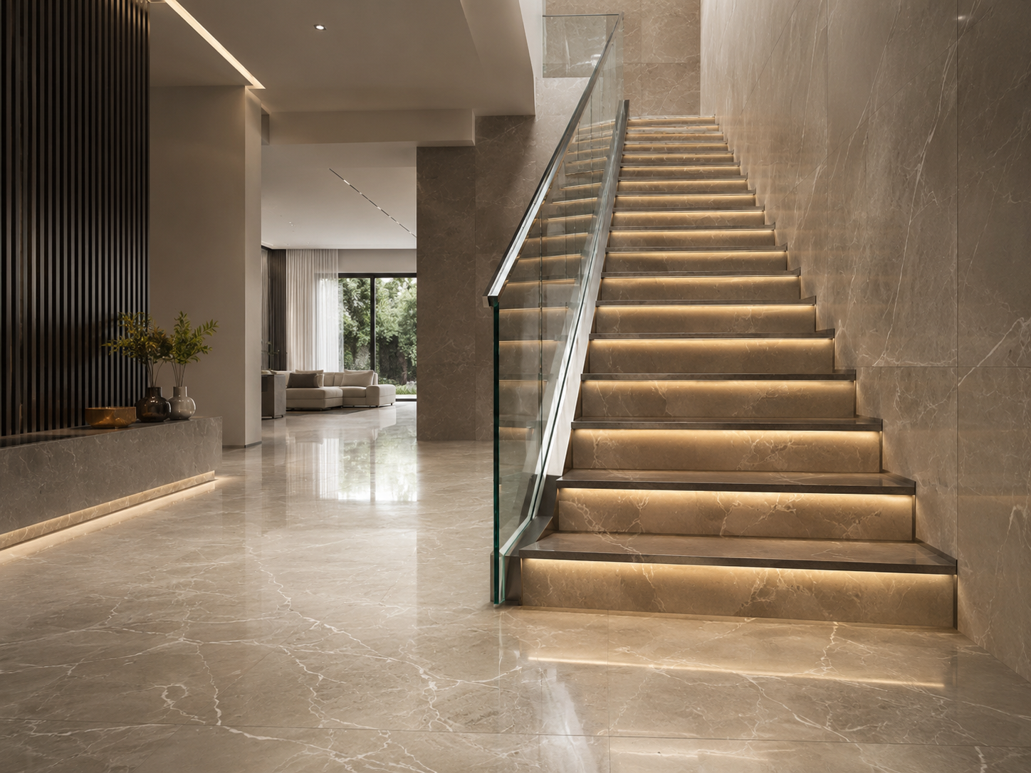 Escalera interior en mármol con iluminación integrada