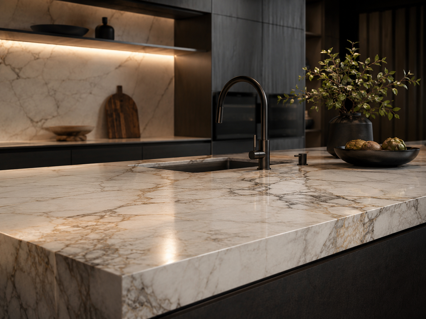 Mesón de cocina premium en mármol con iluminación cálida