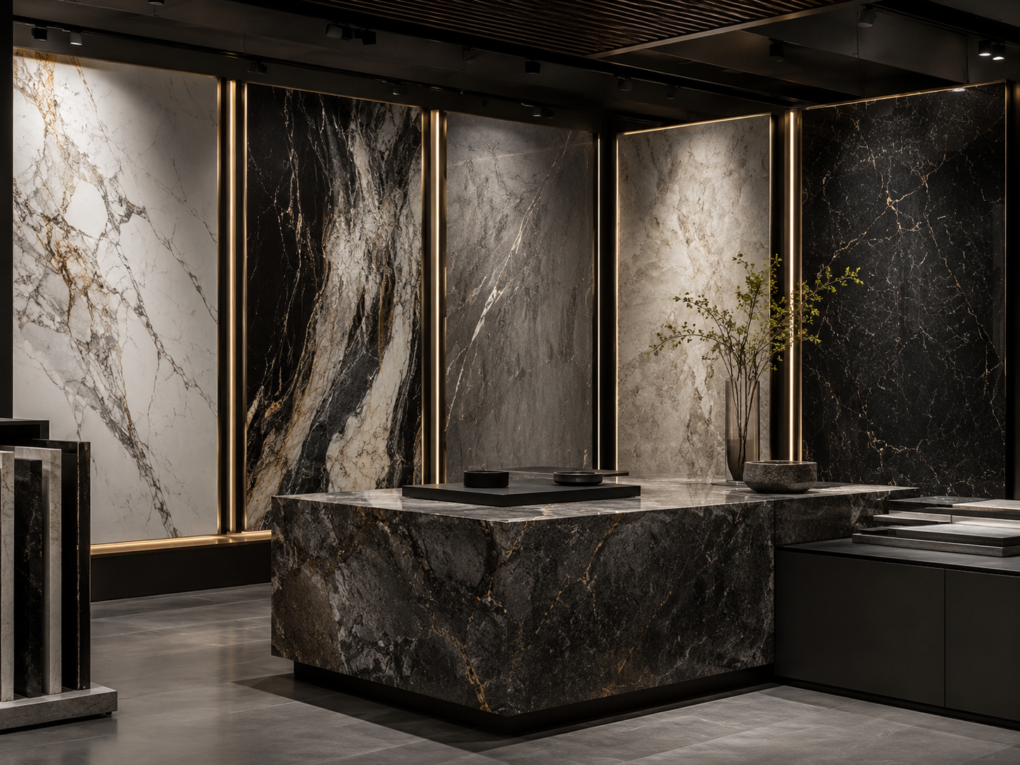 Showroom premium con placas de mármol y piedra natural